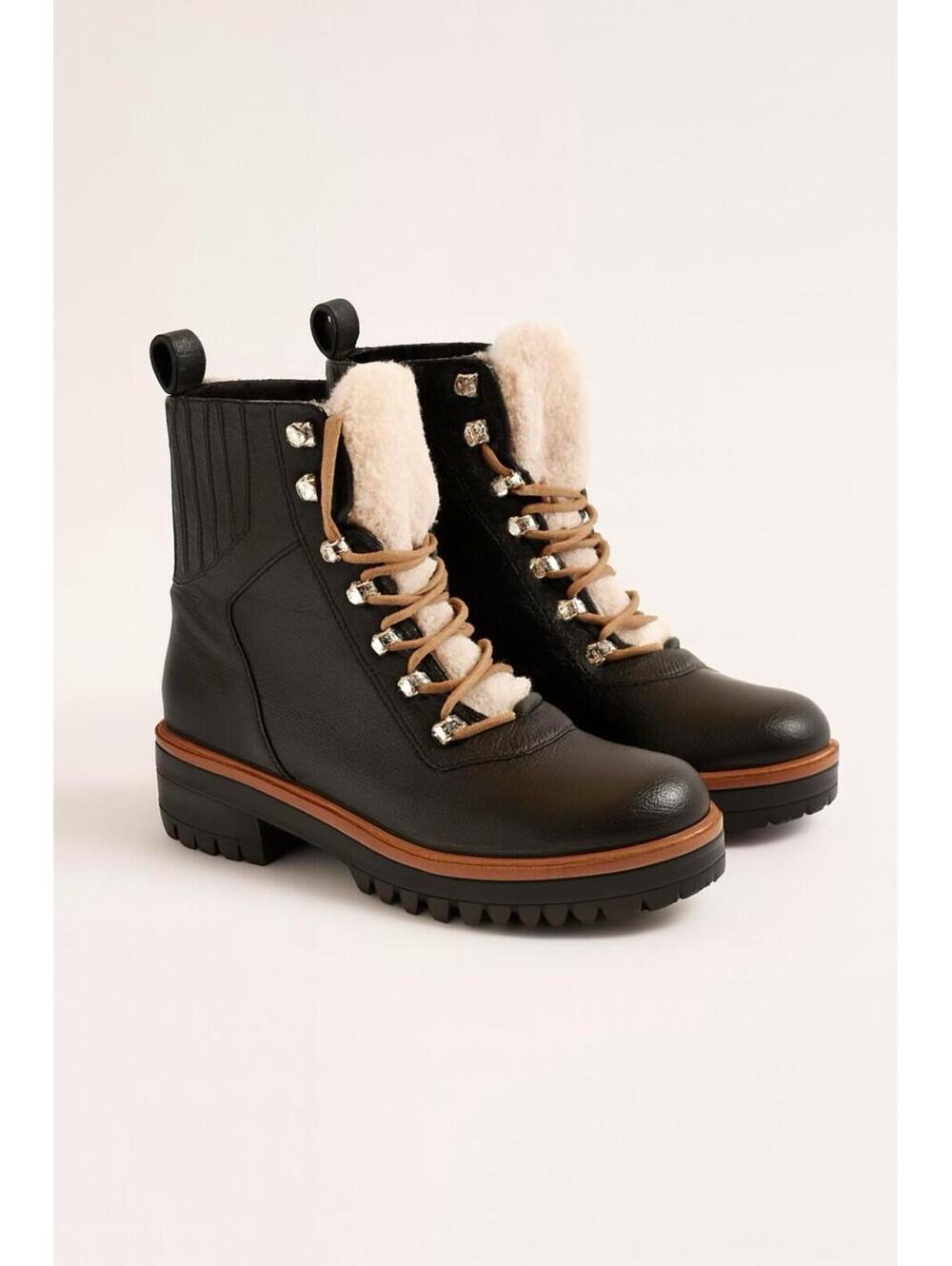 Nine West Black Leather Shearling-Lined Hiking Boots Size 6.5M